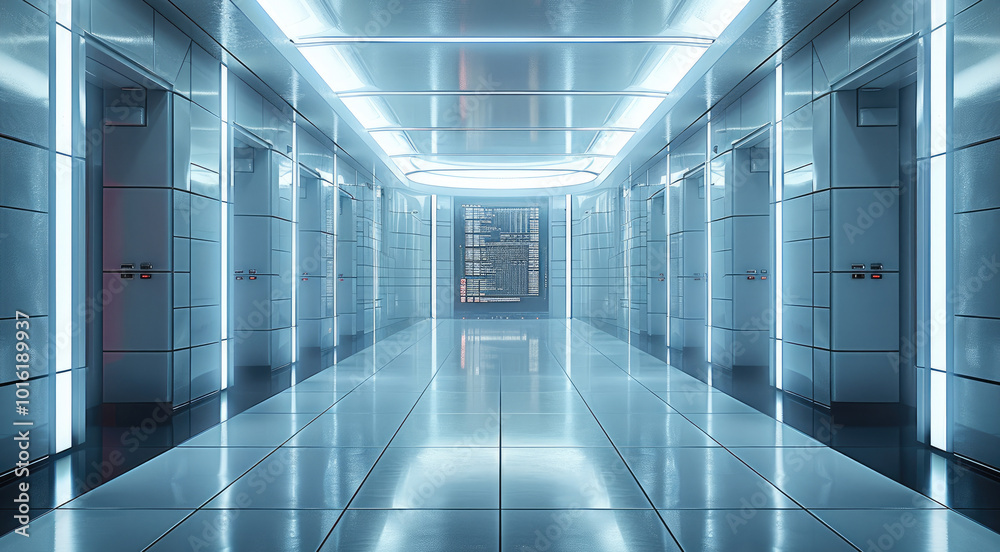 Aufkleber a high school hallway that would be in the same building and style futuristic, and digital led scree