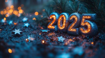 Sparkling 2025 display aglow with warm lights and festive holiday decor