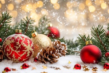 Obraz premium Bright red and gold ornaments, pinecones, and snowflakes adorn a snow-dusted scene of pine branches, encapsulating the essence of classic Christmas decor.