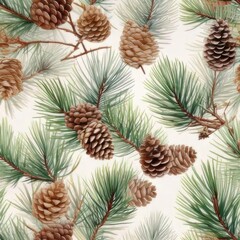 Fototapeta premium A seamless pattern showcasing pinecones and green pine branches, perfect for winter, holiday designs, and nature-inspired decorations.