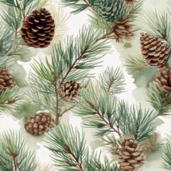 Pinecones and lush green pine branches create a seamless pattern, ideal for adding a natural touch to winter and holiday-themed designs.