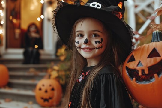 A cheerful young girl in a witch costume beams beside a collection of carved jack-o'-lanterns, celebrating Halloween with joy and whimsy on a decorated porch.