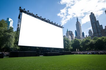 An immense outdoor screen stands blank in an urban park, with a scenic backdrop of trees and skyscrapers, prepared for events that foster community and engagement.