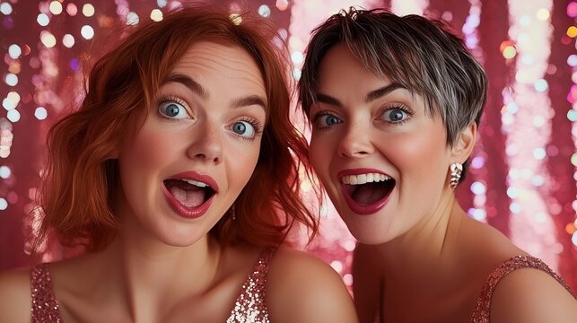 Zwei Frauen posieren mit lustigem Gesichtsausdruck f&uuml;r ein Spassfoto