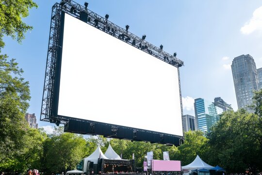 A blank movie screen stands amidst trees in a city park, surrounded by skyscrapers and blue skies. It sets a serene vibe for outdoor gatherings and films.
