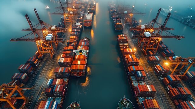 An overcrowded port symbolizing supply chain delays, a congested port with numerous docked ships, cranes, and stacked containers.