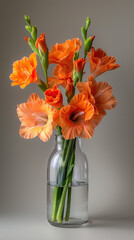 Orange Gladiolus Flowers in Glass Vase