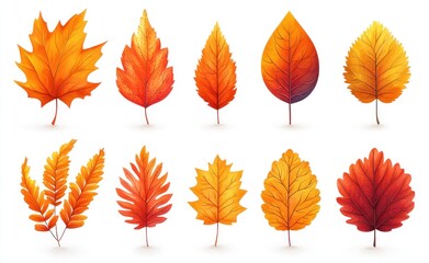 Naklejka premium Autumn leaves illustration featuring various shapes and colors, including orange, red, yellow, and brown leaves on a white background Generative AI