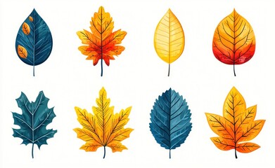 Obraz premium Autumn leaves illustration featuring various shapes and colors, including orange, red, yellow, and brown leaves on a white background Generative AI