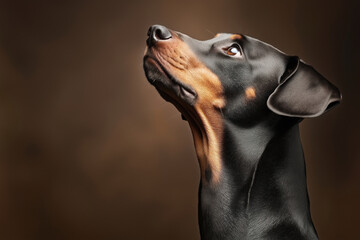 Close-up portrait of a Doberman dog looking upwards, set against a plain, brown background. The dog胢s black and tan coat is clearly visible.