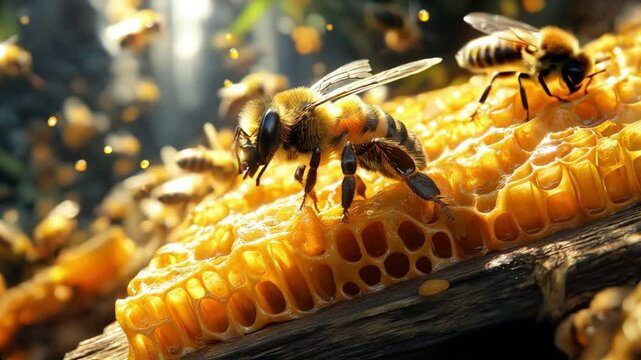 A busy honey bee flits between the hive roof and a wooden board, surrounded by sweet honeycomb, high quality 4k.