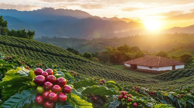 Sunrise over a coffee plantation with lush hills and a small building. Red coffee cherries are prominent.