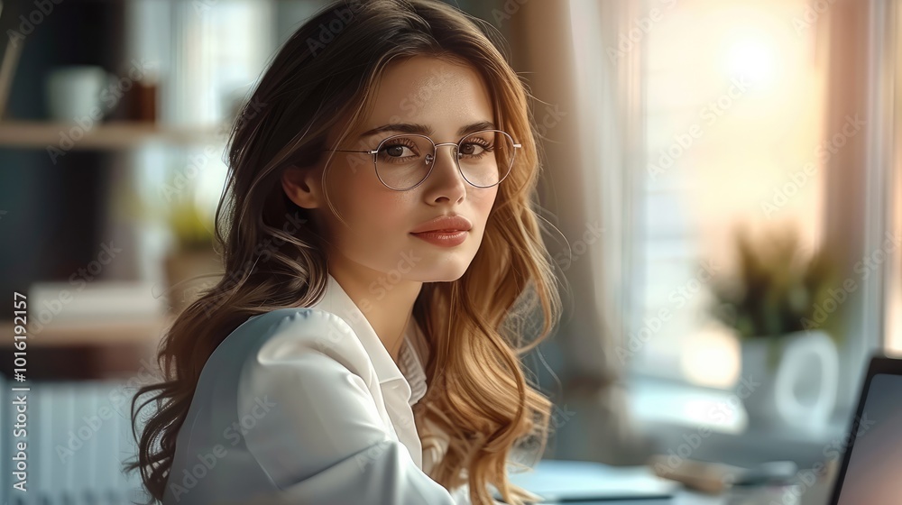 Poster A female CEO with brown hair and brown eyes. she is sitting at her desk working.