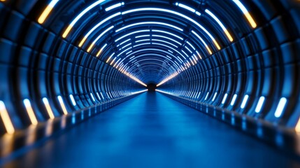 Naklejka premium Blue neon tunnel with glowing sale tags floating in the air for a futuristic Cyber Monday promotion design 