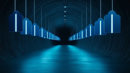 Blue neon tunnel with glowing sale tags floating in the air for a futuristic Cyber Monday promotion design 