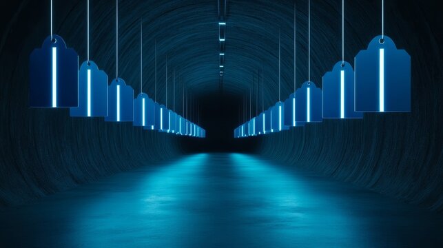 Blue neon tunnel with glowing sale tags floating in the air for a futuristic Cyber Monday promotion design