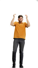 A man, full-length, on a white background, spreads his arms