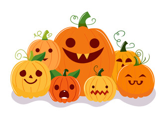 Group of Halloween pumpkins with spooky and funny faces. Ready for Halloween designs. Vector illustration of pumpkins in flat cartoon style on white background.