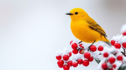 Bright yellow warbler fluttering between snow-covered berry bushes, vibrant color contrasting against the stark white background, empty space for text 