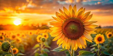 A single sunflower with a golden glow, bathed in the warm light of a setting sun, amidst a field of its brethren, creating a vibrant tableau of nature's beauty.