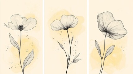 Line art flowers on a pale yellow background with subtle watercolor washes and black dots. .