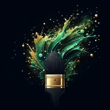 "Paintbrush on black background"
"Green and gold colour splash art"