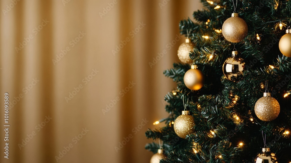 Poster Christmas tree adorned with twinkling lights and shimmering baubles, softly blurred background adding festive cheer 