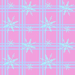 Seamless checkered pattern for winter design with snowflakes on a pink background