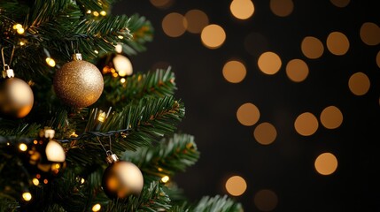 Obraz premium Christmas tree adorned with twinkling lights and shimmering baubles, softly blurred background adding festive cheer 