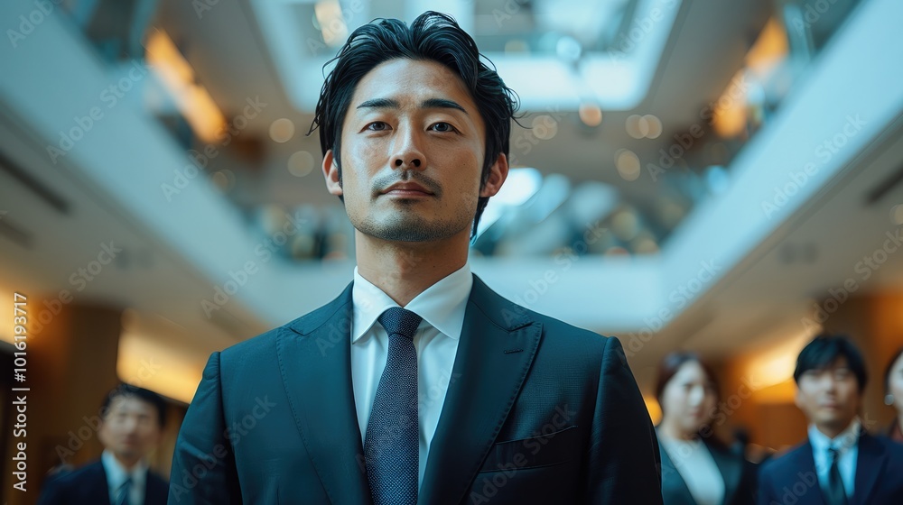 Sticker Japanese business man wearing suit standing in front, In an office building with a modern design, while others stand behind him.