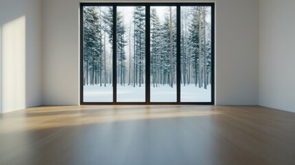 Clean-lined window in a modern cottage, framing a peaceful winter forest bathed in sunlight, snow-laden branches casting delicate shadows on the ground 
