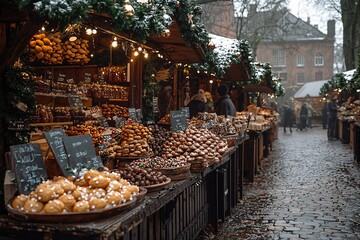 Festive Christmas Market with Charming Wooden Stalls