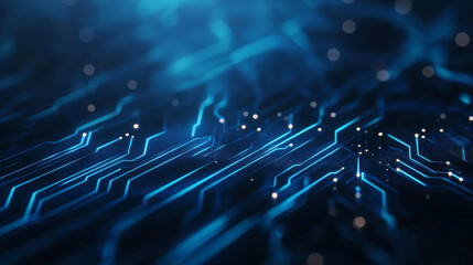 A CPU chip surrounded by PCB lines set against a dark blue background, featuring ample copy space for text or branding.

