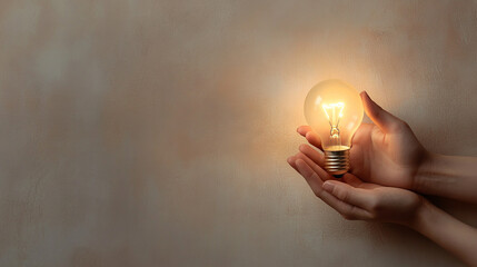 Minimalist image of hands gently cradling a glowing light bulb, symbolizing creativity, innovation, and ideas. The empty space around the bulb emphasizes potential and open-mindedness in new concepts