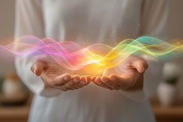 A calming scene depicting healing hands positioned just above a person, with vibrant energy waves emanating from the palms, representing the flow of energy during therapy. The background features