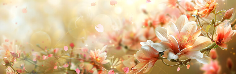 Beautiful peach fuzz color blooming lily in macro, free copy space with light and bokeh in background