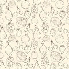 Fruits outline pattern. Doodle hand draw fruits seamless pattern. Organic healthy food pattern in thin line style