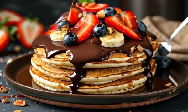 A stack of pancakes with chocolate sauce and strawberries on top Video