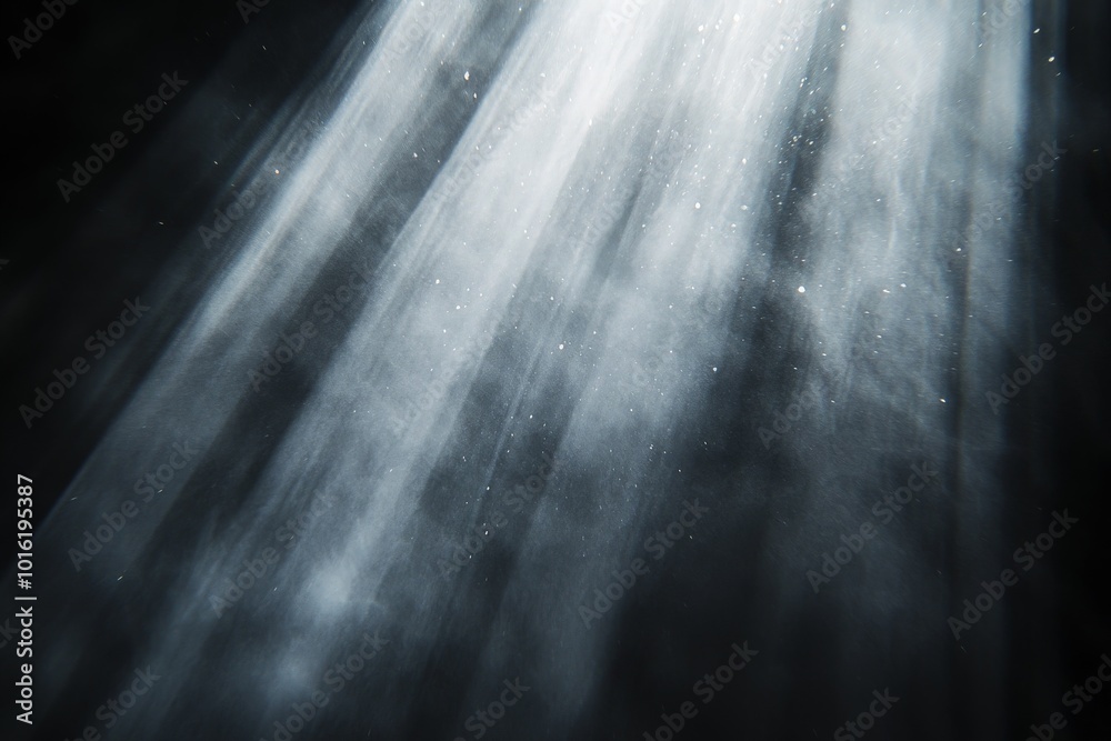 Poster This image captures mystical light beams cutting through dense darkness, creating an ethereal and dreamy atmosphere perfect for abstract visualization projects.