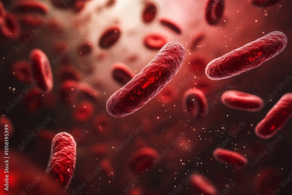 Poster vibrant red bacteria are caught in motion, highlighting their intricate details and dynamic movement