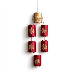 Decorative firecracker string with red and gold details hanging vertically isolated on white background 