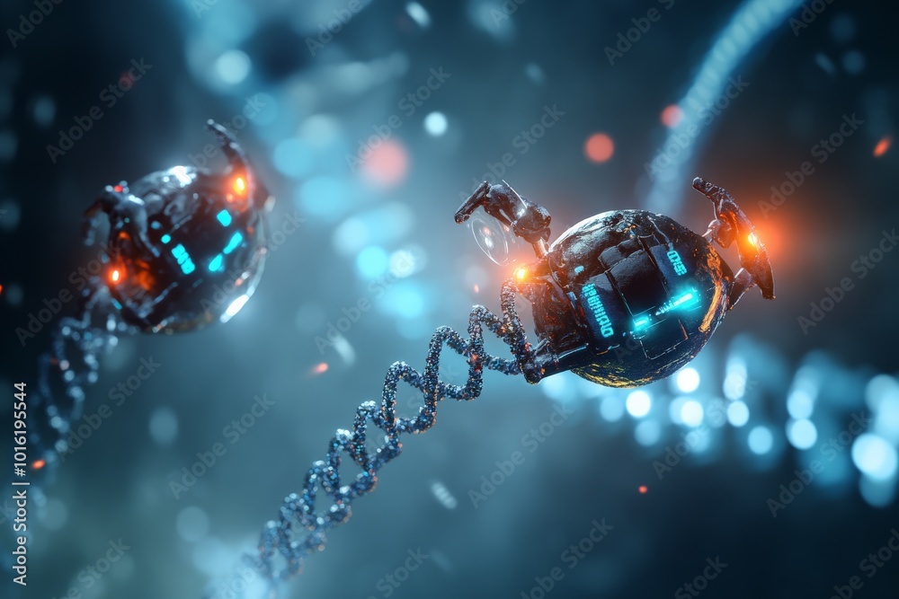 Aufkleber this image showcases two metallic, futuristic drones intertwined with glowing dna strands, set again