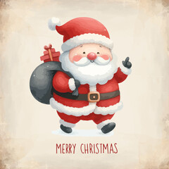 Watercolor Santa Claus with gifts in backpack.