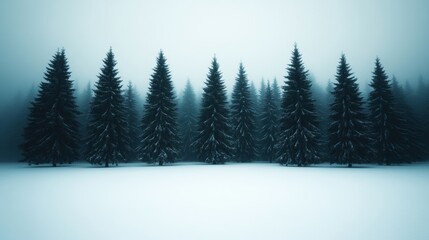 Fototapeta premium Dense winter forest with tall snow-covered trees and a soft mist hanging in the air over a frozen landscape 