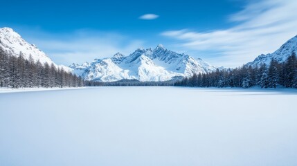 Obraz premium Distant snowy mountain range rising above a tranquil frozen lake surrounded by snow-covered forests 