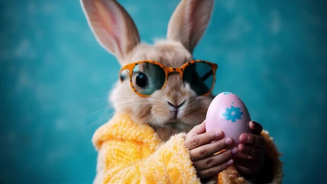 easter rabbit with sunglasses and eggs, funny easter animal, isolated on blue background, high quality 4k.