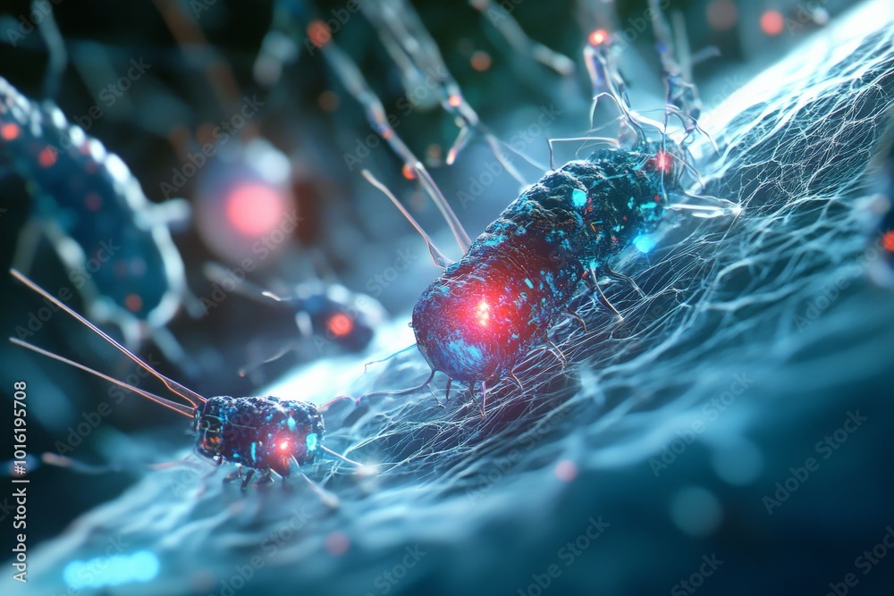 Poster a microscopic image depicting bacteria with luminous particles on a cellular structure, highlighting