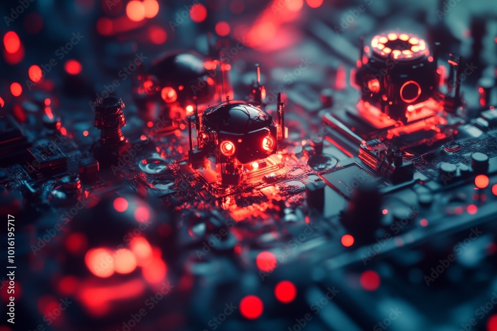 Poster A futuristic circuit board design featuring glowing red lights and components, symbolizing technology, innovation, and the complexity of electronic systems.