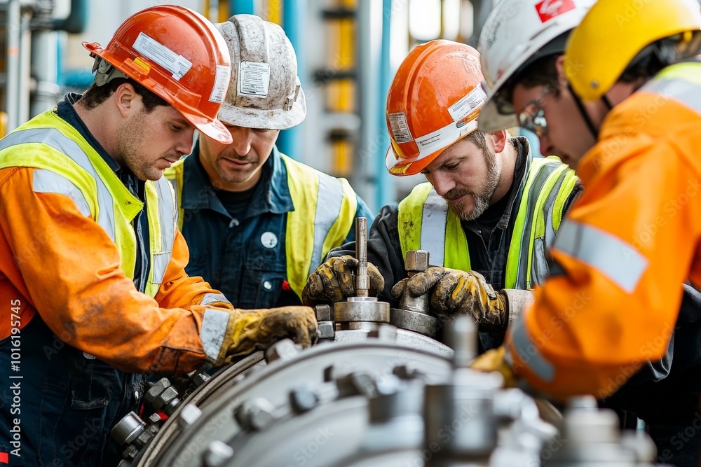 Fototapete a team of industrial engineers in protective gear collaboratively work on assembling heavy machinery