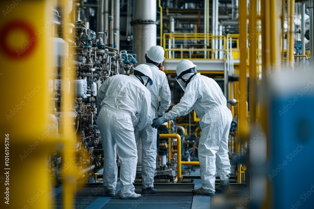 Poster three technicians wearing white protective suits and helmets work with intricate machinery in a chem